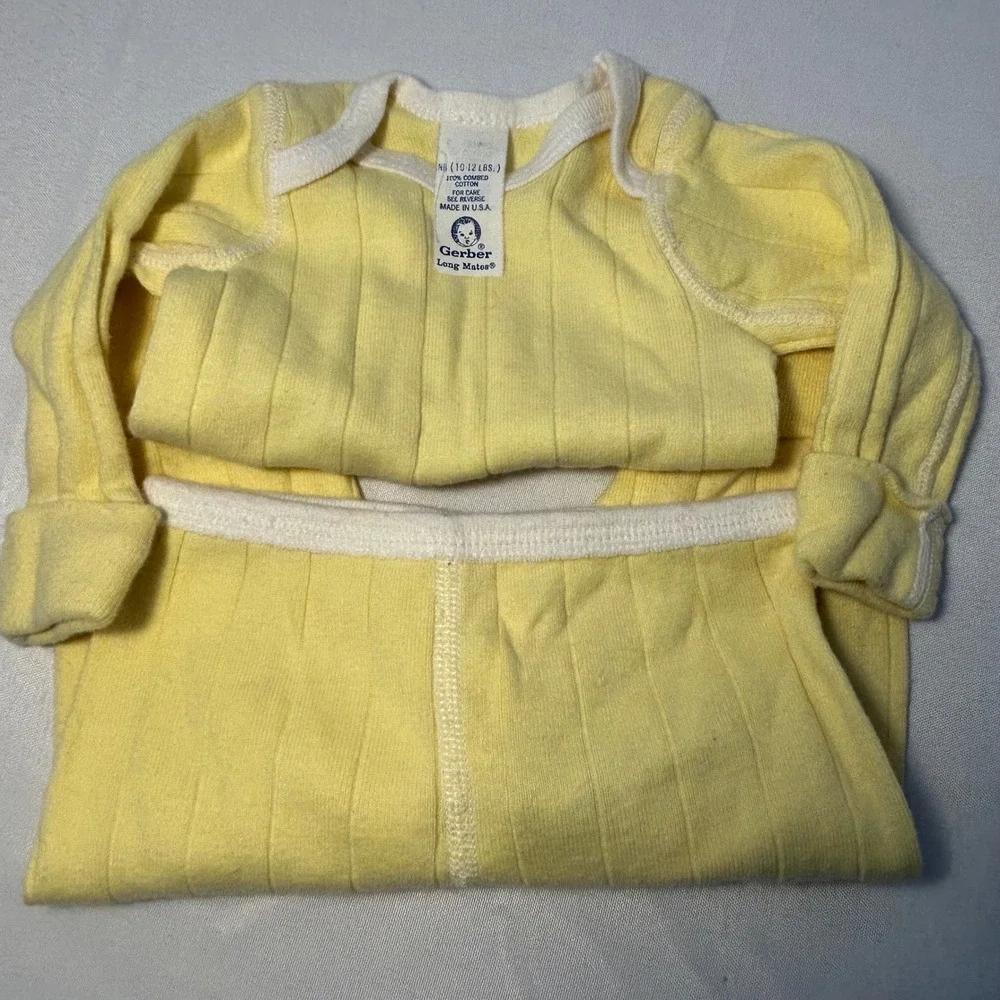 Vintage Gerber‎ Long Mates Ribbed Pajama Set Newborn Yellow Cotton Sleepwear